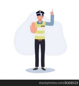 A traffic police gesturing to stop and giving suggestion. pointing index finger. Flat vector cartoon illustration