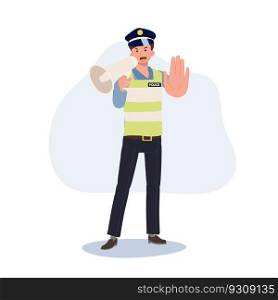 A traffic police holding megaphone and doing gesture hand stop. Flat vector cartoon illustration