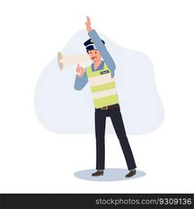A traffic police holding megaphone and doing gesture hand stop sign. Flat vector cartoon illustration