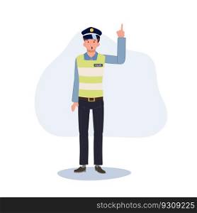 A traffic police is pointing index finger up and give suggestion. Flat vector cartoon illustration