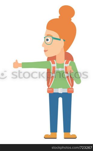 A traveler hitchhiking trying to stop a car vector flat design illustration isolated on white background.. Young woman hitchhiking.