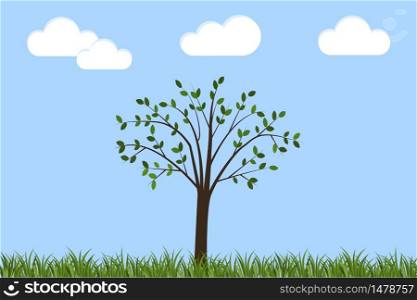 A tree against the sky on the grass in the field. Green landscape vector background. Spring in cartoon style.