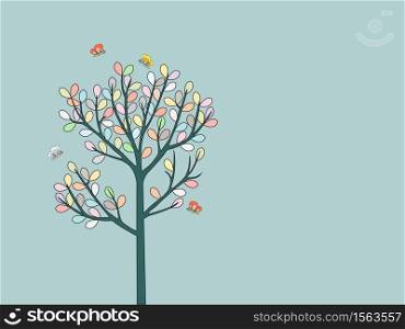 A tree Feeling lonely with leaves as a pastel color.The butterfly fly to appreciate the cute colors.