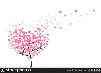 A tree with flying leaves from balloons in the shape of hearts isolated on white. Pink hearts fly from a tree. Broken heart concept. Vector EPS10.