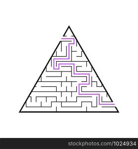 A triangular labyrinth, a pyramid with a black stroke. A game for children. Simple flat vector illustration isolated on white background. With the answer. A triangular labyrinth, a pyramid with a black stroke. A game for children. Simple flat vector illustration isolated on white background. With the answer.