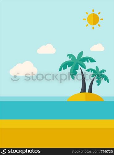 A tropical sea island with palm trees and sun. A Contemporary style with pastel palette, soft blue tinted background with desaturated clouds. Vector flat design illustration. Vertical layout.. Tropical sea island with palm trees.