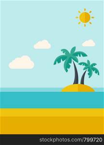 A tropical sea island with palm trees and sun. A Contemporary style with pastel palette, soft blue tinted background with desaturated clouds. Vector flat design illustration. Vertical layout.. Tropical sea island with palm trees.