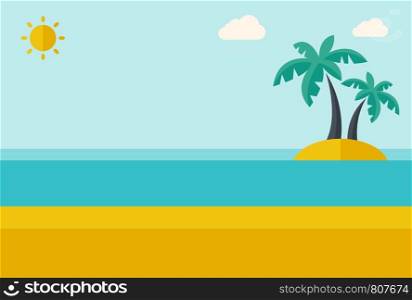 A tropical sea island with palm trees and sun. A Contemporary style with pastel palette, soft blue tinted background with desaturated clouds. Vector flat design illustration. Horizontal layout.. Tropical sea island with palm trees.