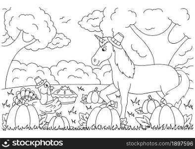 A turkey brings pumpkin pie to a unicorn. Coloring book page for kids. Thanksgiving Day.