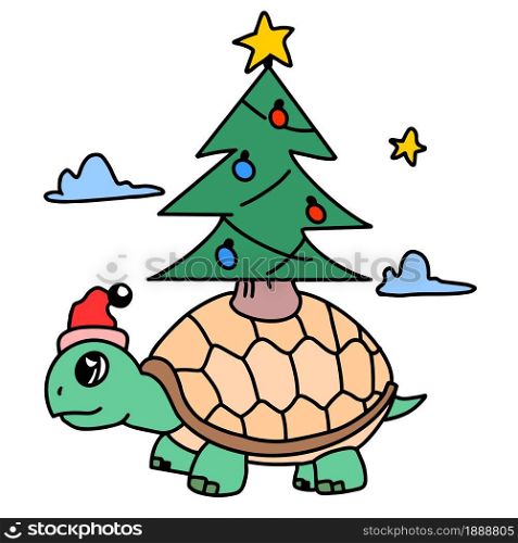 a turtle carrying a Christmas tree on its back. cartoon illustration sticker mascot emoticon