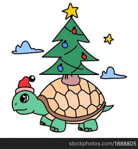 a turtle carrying a Christmas tree on its back. cartoon illustration sticker mascot emoticon