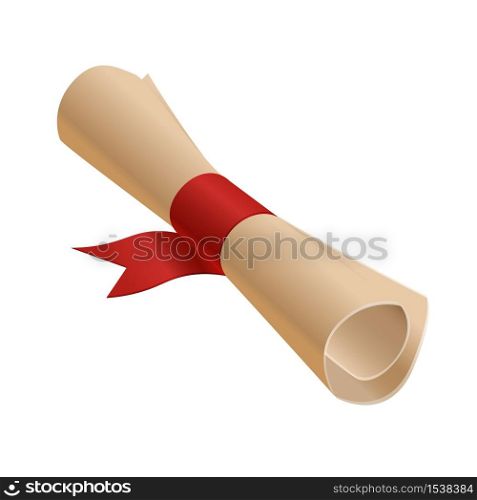 A twisted diploma tied with a red ribbon. Certificate or invitation on a white background.. A twisted diploma tied with a red ribbon.