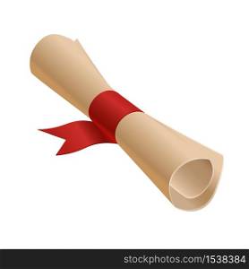 A twisted diploma tied with a red ribbon. Certificate or invitation on a white background.. A twisted diploma tied with a red ribbon.