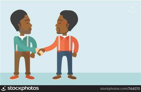 A two Afircan-american guys standing facing each other handshaking for the successful business deal. Business partnership concept. A Contemporary style with pastel palette, soft blue tinted background. Vector flat design illustration. Horizontal layout with text space in right side. Two African-american guys happily handshaking.