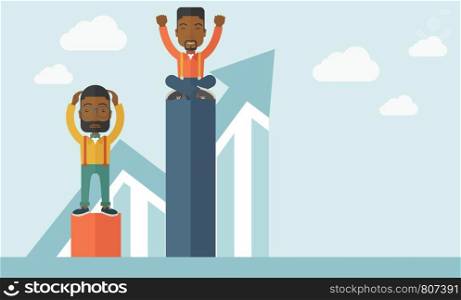 A two african-american businessmen. Man on top is happy while sitting and man in bottom is sad while standing. Rivalry concept. A contemporary style with pastel palette soft blue tinted background with desaturated clouds. Vector flat design illustration. Horizontal layout with text space lower right part.. Two african-american businessmen