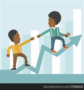 A two african businessmen helping each other in growing business leading to success. Partnership concept. A contemporary style with pastel palette soft blue tinted background. Vector flat design illustration. Square layout.. Two black guy walking in arrow going up.
