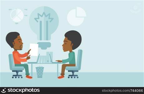 A Two African businessmen sitting working together getting a brilliant ideas from internet using their laptop. A Contemporary style with pastel palette, soft blue tinted background. Vector flat design illustration. Horizontal layout with text space in right side. . Two african businessmen sitting working together.