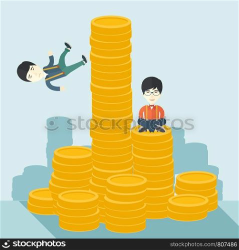 A Two asian businessmen one sitting with self confidence on the top of a coin while the other one, competitor feel sad on his falling down from higher piled coin as a symbol of unsuccessful business. A contemporary style with pastel palette soft blue tinted background. Vector flat design illustration. Square layout. . Failed and successful asian businessmen.