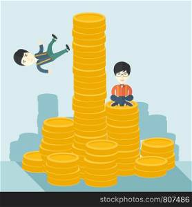 A Two asian businessmen one sitting with self confidence on the top of a coin while the other one, competitor feel sad on his falling down from higher piled coin as a symbol of unsuccessful business. A contemporary style with pastel palette soft blue tinted background. Vector flat design illustration. Square layout. . Failed and successful asian businessmen.