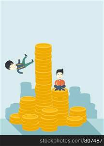 A Two asian businessmen one sitting with self confidence on the top of a coin while the other one, competitor feel sad on his falling down from higher piled coin as a symbol of unsuccessful business. A contemporary style with pastel palette soft blue tinted background. Vector flat design illustration. Vertical layout with text space on top part. . Failed and successful asian businessmen.