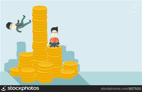 A Two asian businessmen one sitting with self confidence on the top of a coin while the other one, competitor feel sad on his falling down from higher piled coin as a symbol of unsuccessful business. A contemporary style with pastel palette soft blue tinted background. Vector flat design illustration. Horizontal layout with text space in right side. . Failed and successful asian businessmen.