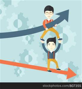 A two asian guy helping with business arrows, blue up and red down and gears background. Teamwork concept. A contemporary style with pastel palette soft blue tinted background. Vector flat design illustration. Square layout.. Two aisan guy in two arrows going up and down.