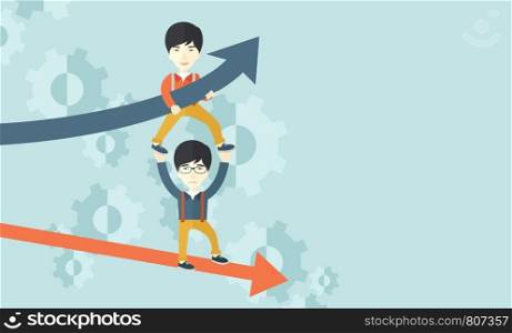 A two asian guy helping with business arrows, blue up and red down and gears background. Teamwork concept. A contemporary style with pastel palette soft blue tinted background. Vector flat design illustration. Horizontal layout.. Two aisan guy in two arrows going up and down.
