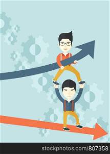 A two asian guy helping with business arrows, blue up and red down and gears background. Teamwork concept. A contemporary style with pastel palette soft blue tinted background. Vector flat design illustration. Vertical layout with text space on top part.. Two aisan guy in two arrows going up and down.