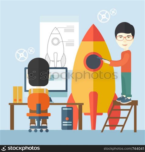A Two asian men to launch for new start up idea in business. Business concept. A Contemporary style with pastel palette, soft blue tinted background. Vector flat design illustration. Square layout. Two asian men for start up business