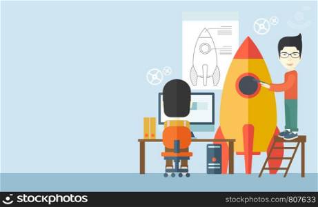 A Two asian men to launch for new start up idea in business. Business concept. A Contemporary style with pastel palette, soft blue tinted background. Vector flat design illustration. Horizontal layout. Two asian men for start up business