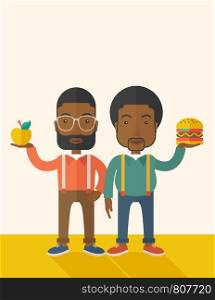 A two black businessmen standing and comparing Apple to hamburger of which is healthy food. A Contemporary style with pastel palette, soft beige tinted background. Vector flat design illustration. Vertical layout with text space on top part.. Two black businessmen comparing apple to hamburger.