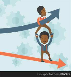 A two black guy helping with business arrows, blue up and red down and gears background. Teamwork concept. A contemporary style with pastel palette soft blue tinted background. Vector flat design illustration. Square layout.. Two black guy in two arrows going up and down.