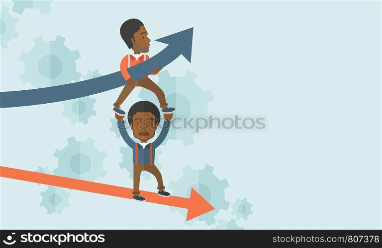 A two black guy helping with business arrows, blue up and red down and gears background. Teamwork concept. A contemporary style with pastel palette soft blue tinted background. Vector flat design illustration. Horizontal layout with text space in right side.. Two black guy in two arrows going up and down.