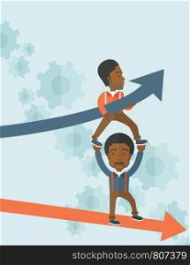 A two black guy helping with business arrows, blue up and red down and gears background. Teamwork concept. A contemporary style with pastel palette soft blue tinted background. Vector flat design illustration. Vertical layout.. Two black guy in two arrows going up and down.