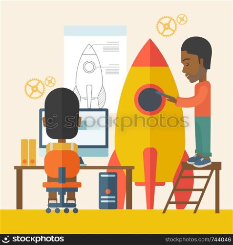 A Two black man to launch for new start up idea in business. Business concept. A Contemporary style with pastel palette, soft beige tinted background. Vector flat design illustration. Square layout. Two black man for start up business