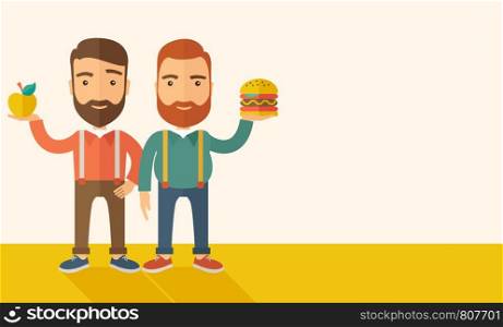 A two businessmen standing and comparing Apple to hamburger of which is healthy food. A Contemporary style with pastel palette, soft beige tinted background. Vector flat design illustration. Horizontal layout with text space in right side.. Two businessmen comparing apple to hamburger.