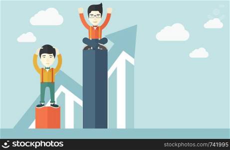 A two chinese businessmen. Man on top is happy while sitting and man in bottom is sad while standing. Rivalry concept. A contemporary style with pastel palette soft blue tinted background with desaturated clouds. Vector flat design illustration. Horizontal layout.. Two chinese businessmen.