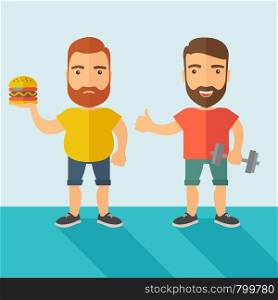 A two handsome caucasian men wearing shorts and sleeveless the yellow shirt with hamburger and the red shirt with dumbell. Contemporary style with pastel palette, soft blue tinted background. Vector flat design illustrations. Square layout.. Men wearing shorts and sleeveless tops.