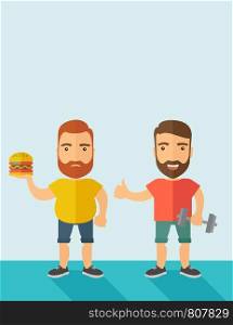 A two handsome caucasian men wearing shorts and sleeveless the yellow shirt with hamburger and the red shirt with dumbell. Contemporary style with pastel palette, soft blue tinted background. Vector flat design illustrations. Vertical layout with text space on top part.. Men wearing shorts and sleeveless tops.