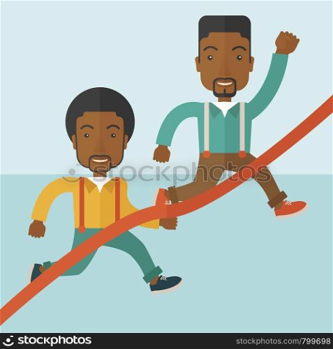 A two happy african guy running to the finish line for meeting the deadline. Winner, victory concept. A contemporary style with pastel palette soft blue tinted background. Vector flat design illustration. Square layout. . Two african guy running to finish line.