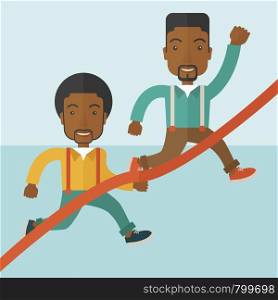 A two happy african guy running to the finish line for meeting the deadline. Winner, victory concept. A contemporary style with pastel palette soft blue tinted background. Vector flat design illustration. Square layout. . Two african guy running to finish line.