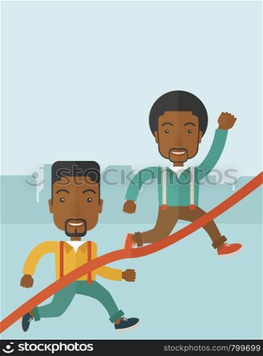 A two happy african guy running to the finish line for meeting the deadline. Winner, victory concept. A contemporary style with pastel palette soft blue tinted background. Vector flat design illustration. Vertical layout with text space on top part. . Two african guy running to finish line.
