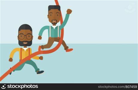 A two happy african guy running to the finish line for meeting the deadline. Winner, victory concept. A contemporary style with pastel palette soft blue tinted background. Vector flat design illustration. Horizontal layout with text space in right side. . Two african guy running to finish line.