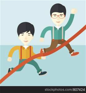 A two happy asian guy running to the finish line for meeting the deadline. Winner, victory concept. A contemporary style with pastel palette soft blue tinted background. Vector flat design illustration. Square layout. . Two asian guy running to finish line.