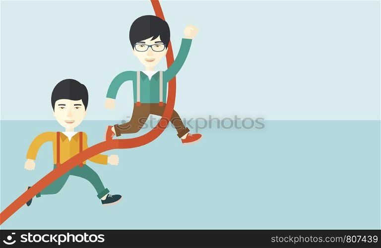 A two happy asian guy running to the finish line for meeting the deadline. Winner, victory concept. A contemporary style with pastel palette soft blue tinted background. Vector flat design illustration. Horizontal layout with text space in right side. . Two asian guy running to finish line.