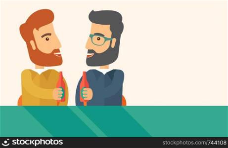 A two hipster co-workers from office to pub having fun drinking beer just to relax and stress free. A Contemporary style with pastel palette, soft beige tinted background. Vector flat design illustration. Horizontal layout with text space in right side.. Two co- workers having fun drinking beer in a pub.