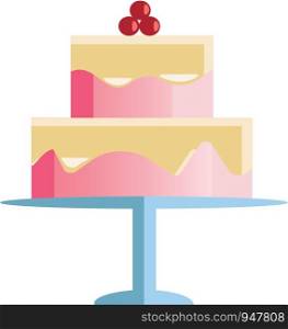 A two layer celebration cake with pink frosting and cherries on the top vector color drawing or illustration