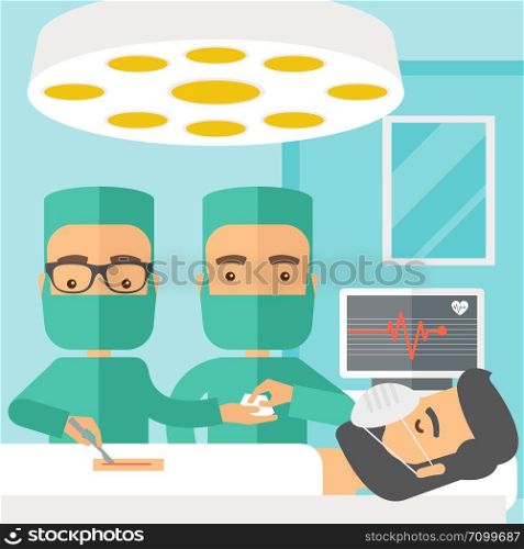 A two surgeons looking over a lying patient in an operating room. Contemporary style with pastel palette, soft blue tinted background. Vector flat design illustrations. Square layout.. Two surgeons looking over a patient in an operating room