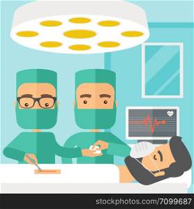 A two surgeons looking over a lying patient in an operating room. Contemporary style with pastel palette, soft blue tinted background. Vector flat design illustrations. Square layout.. Two surgeons looking over a patient in an operating room
