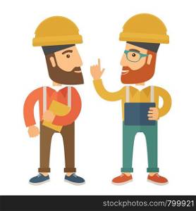 A two workers wearing hard hat talking .A Contemporary style. Vector flat design illustration isolated white background. Square layout . Two workers talking.